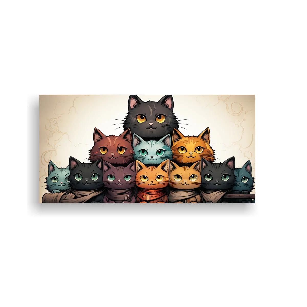 Cuadro grupo de gatos en repisa de madera