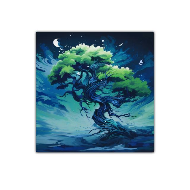 Árbol fantástico con tonos azulados y verdes vibrantes