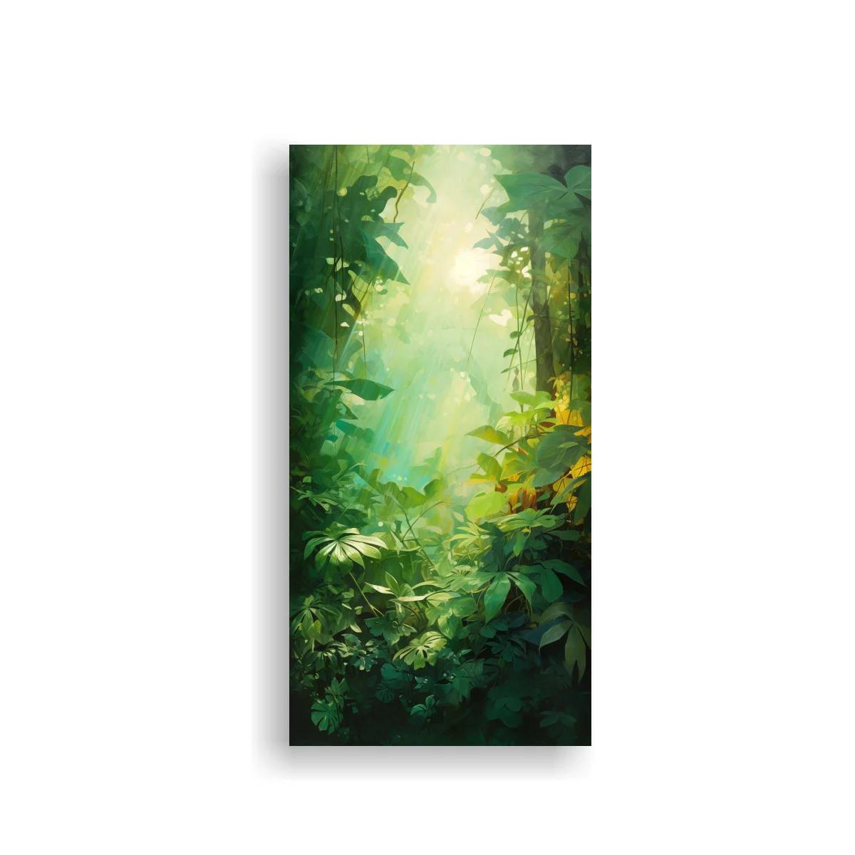 Cuadro selva tropical con claro luminoso entre hojas grandes
