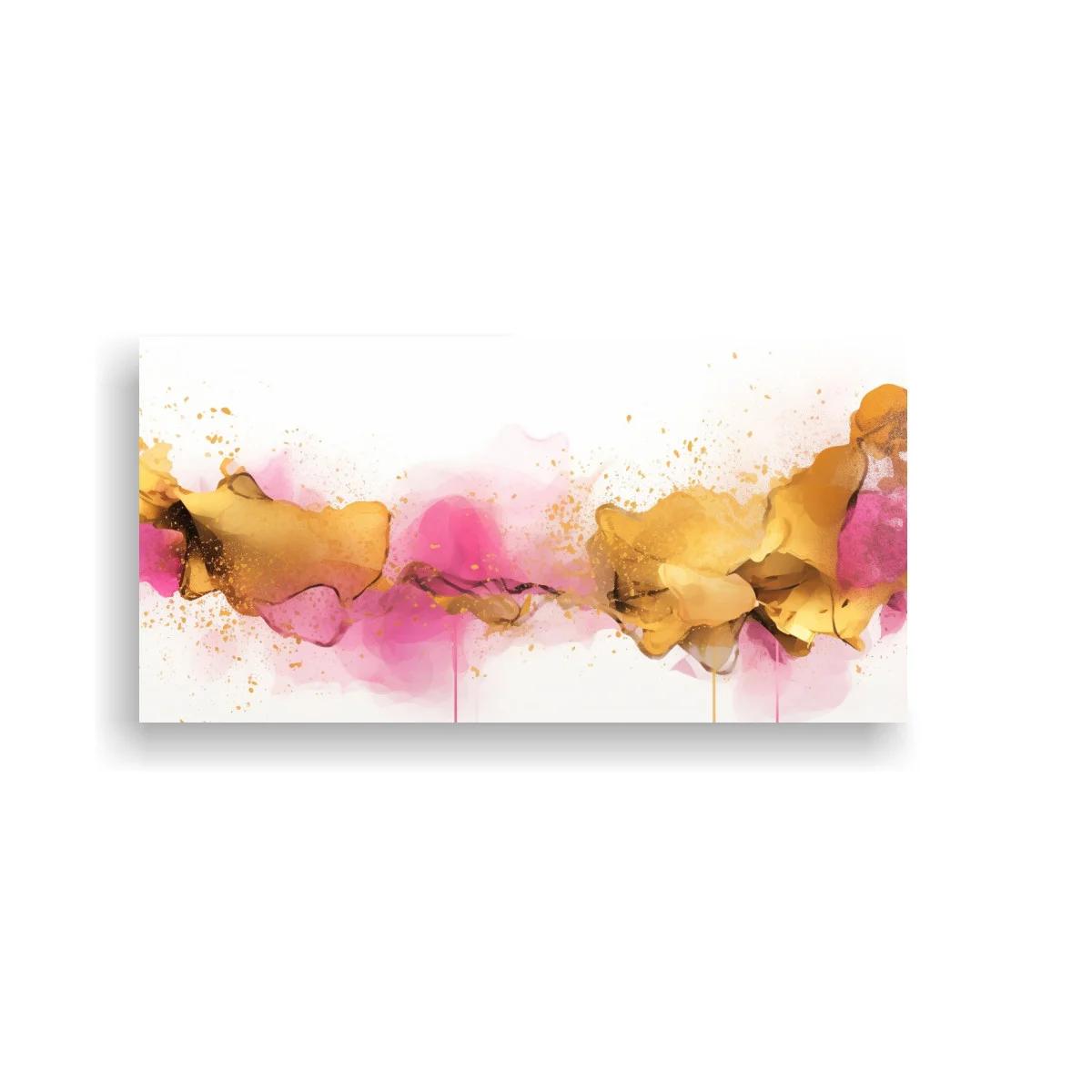 Cuadro mancha abstracta en rosa y dorado con goteos sutiles
