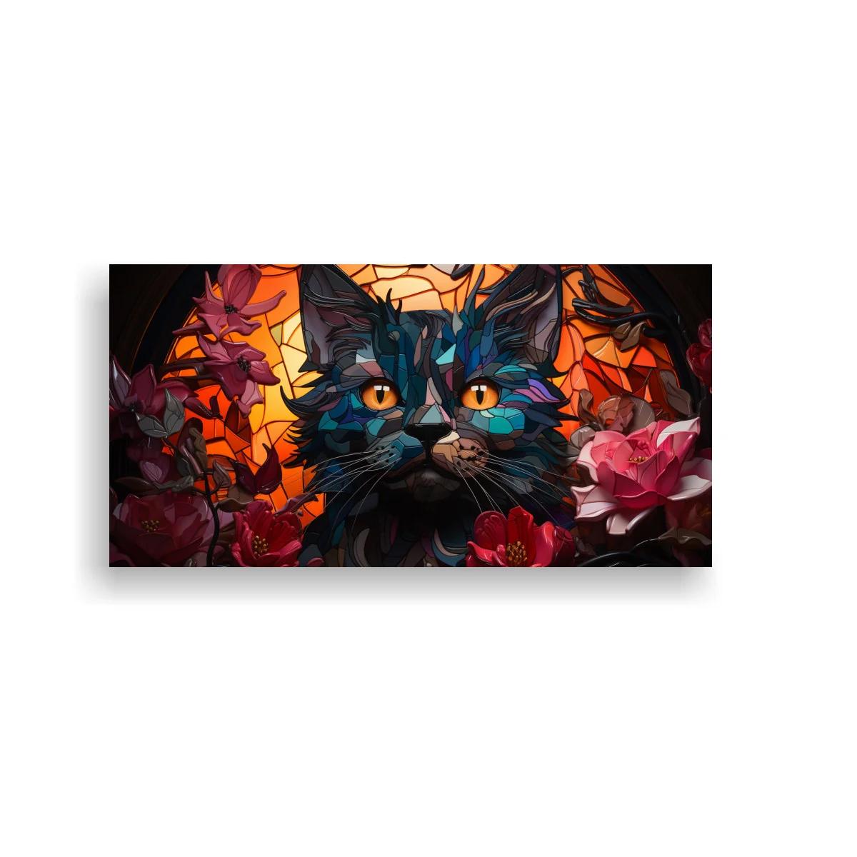 Cuadro gato negro de ojos amarillos con flores geométricas
