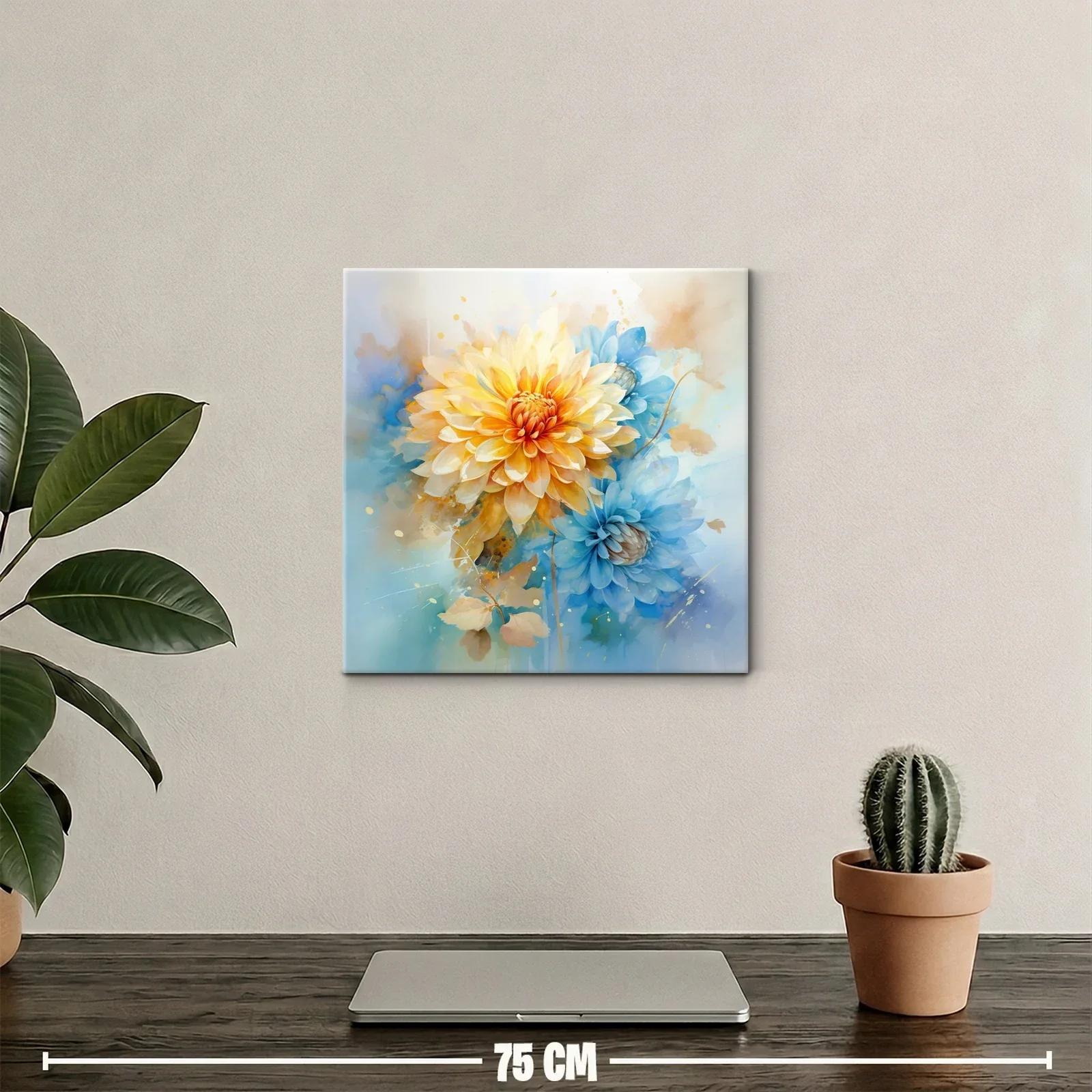 Cuadro floral con pétalos en tonos cálidos y azules suaves — miniatura 2