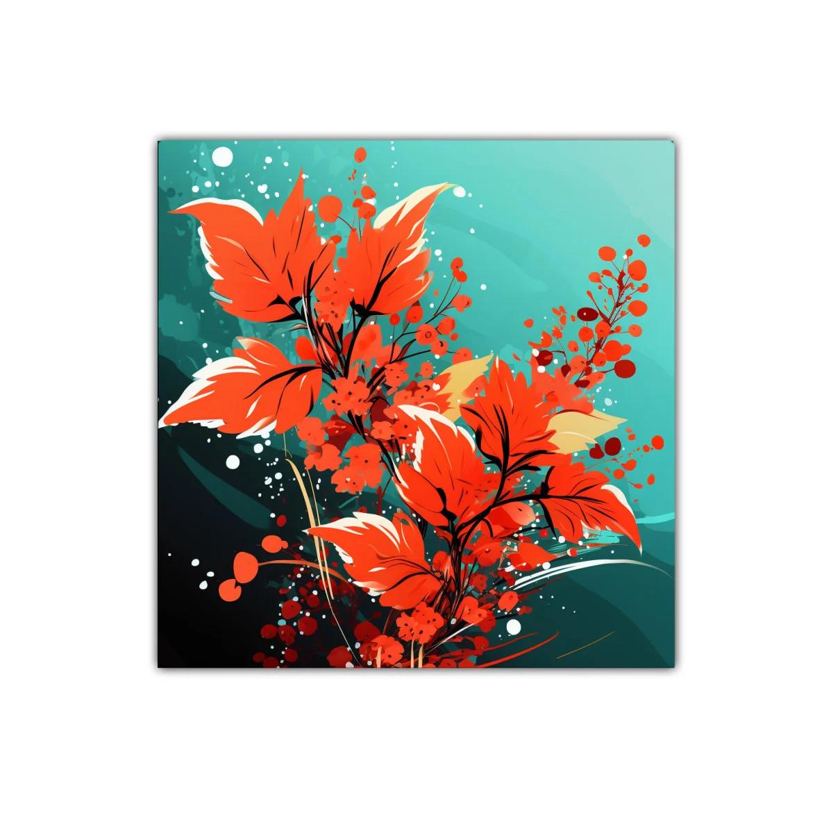 Cuadro moderno con hojas y flores en tonos rojos vibrantes — imagen principal