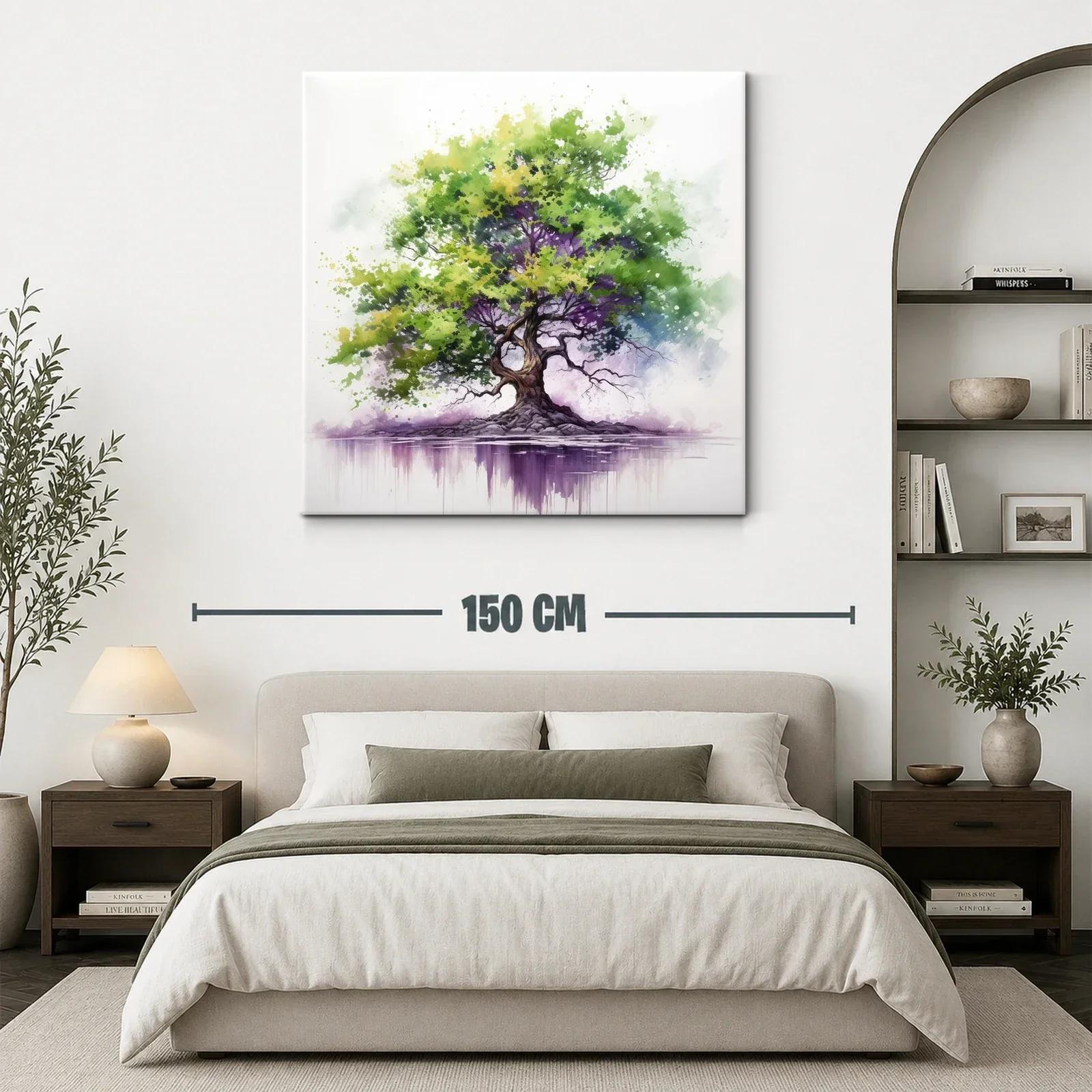 Árbol vibrante con tonos verdes y morados sobre reflejo acuático — miniatura 3