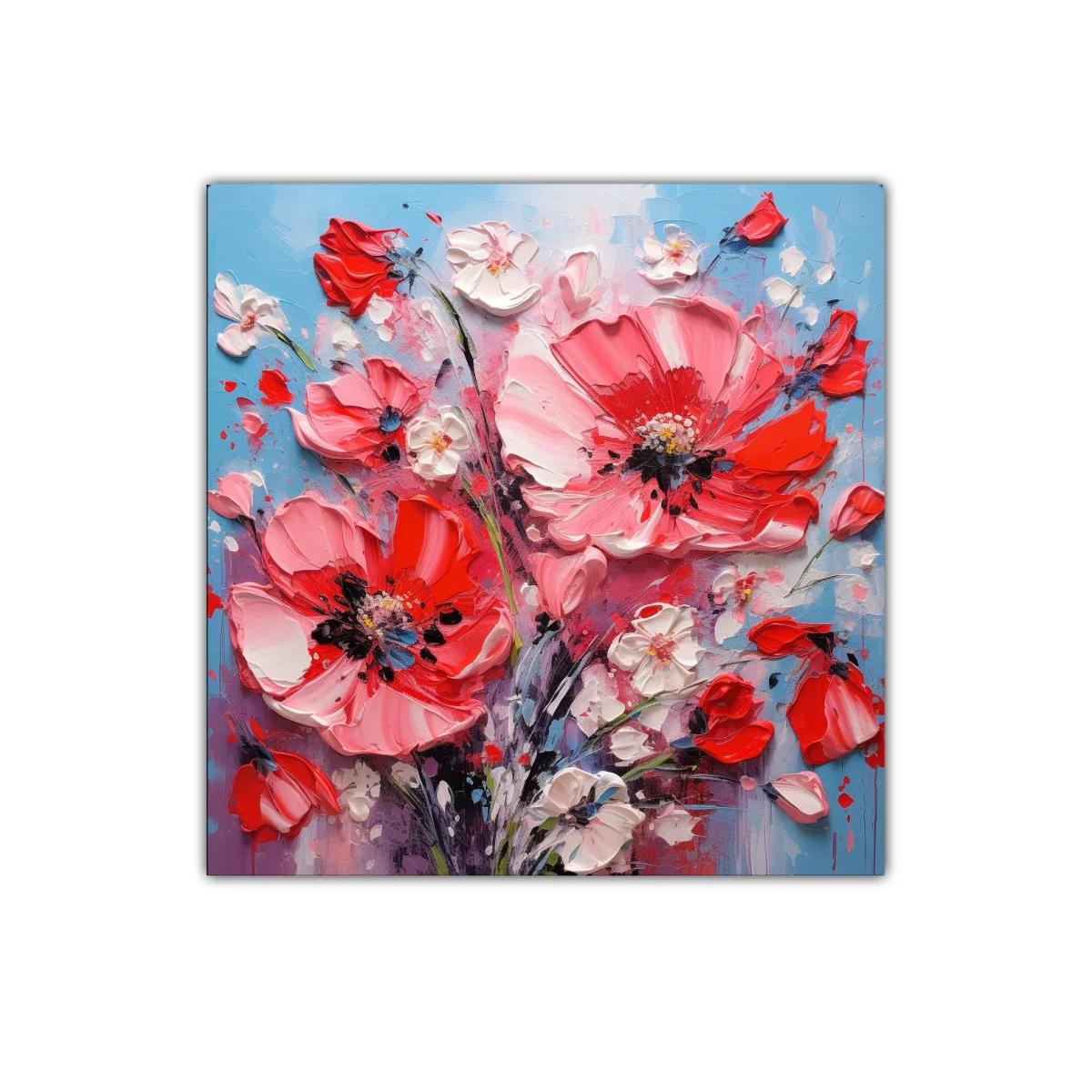 Cuadro con intenso ramo floral en vibrantes tonos rojos y rosas