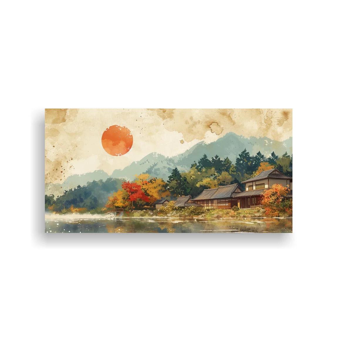 Cuadro paisaje de lago con casas japonesas y línea de bosque