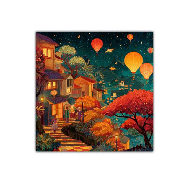 Escena nocturna con faroles y árboles en tonos cálidos