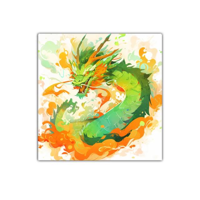 Dragón verde y naranja lleno de energía y movimiento