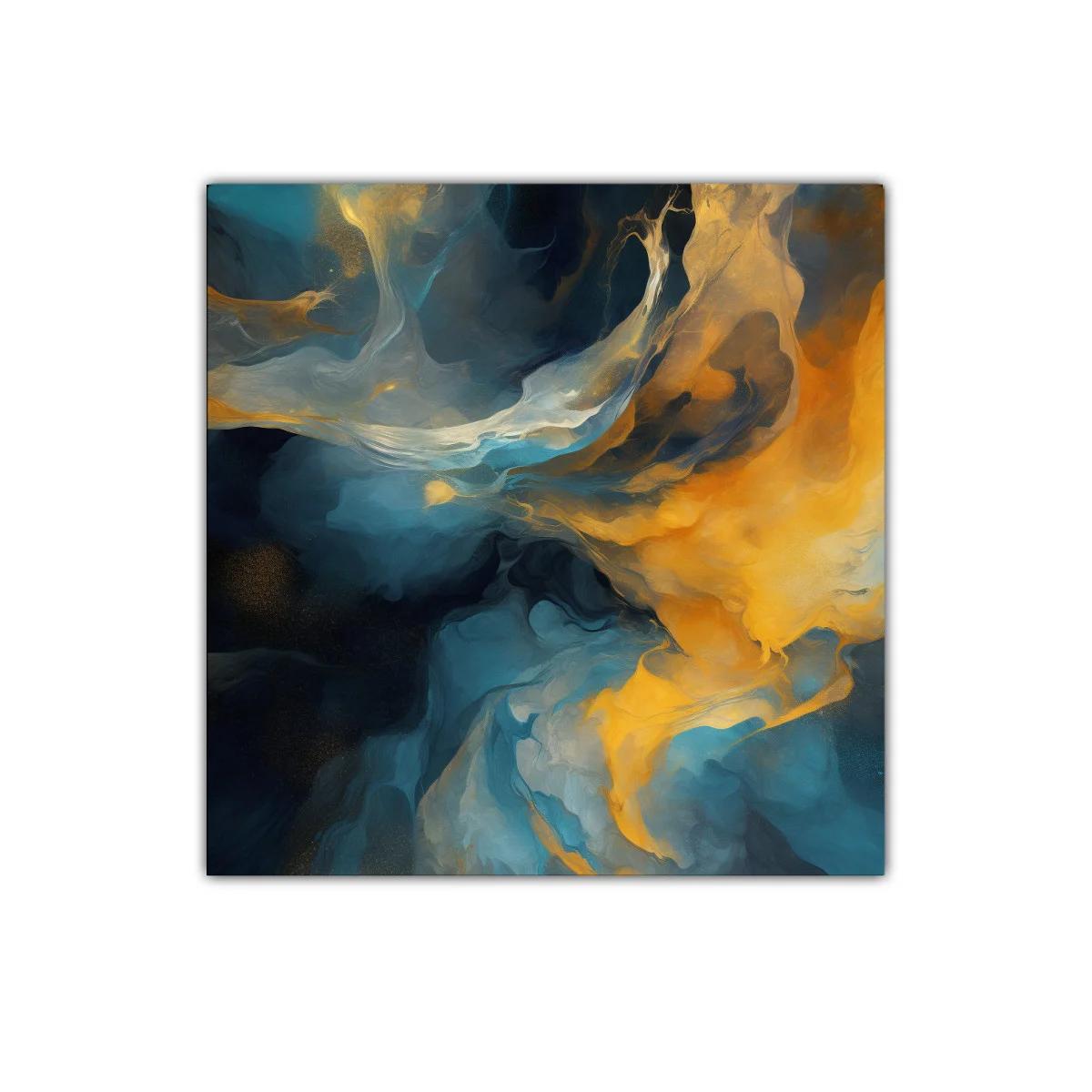 Cuadro abstracto con tonos azules y dorados vibrantes