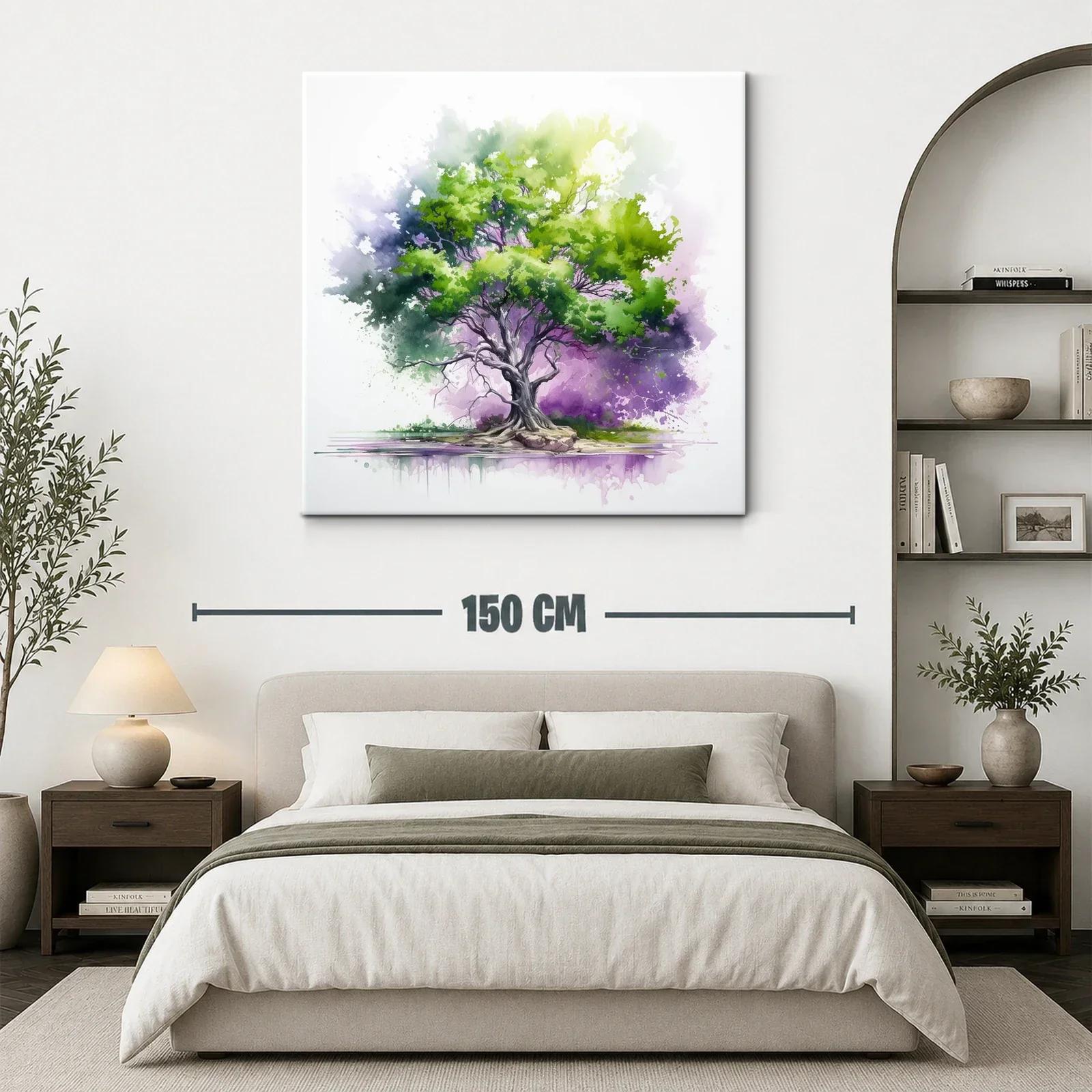 Árbol vibrante en tonos verdes y morados con reflejo suave — miniatura 3