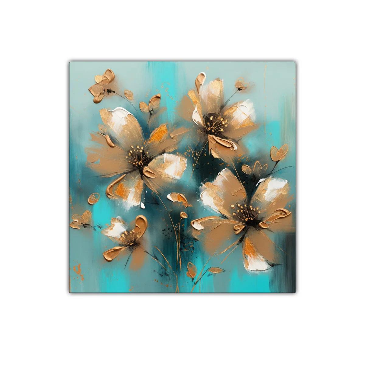 Cuadro decorativo flores en tonos dorados y azul turquesa — imagen principal