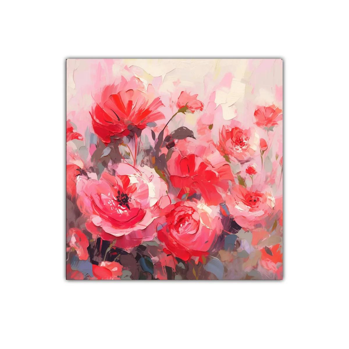 Cuadro floral con explosión de rosas en tonos rojos y rosas