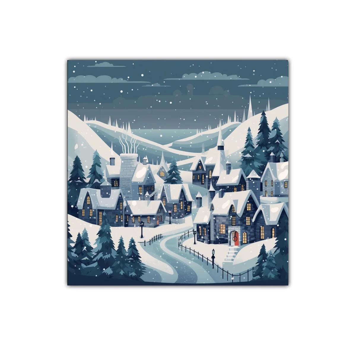 Paisaje invernal con pueblo nevado bajo un cielo estrellado