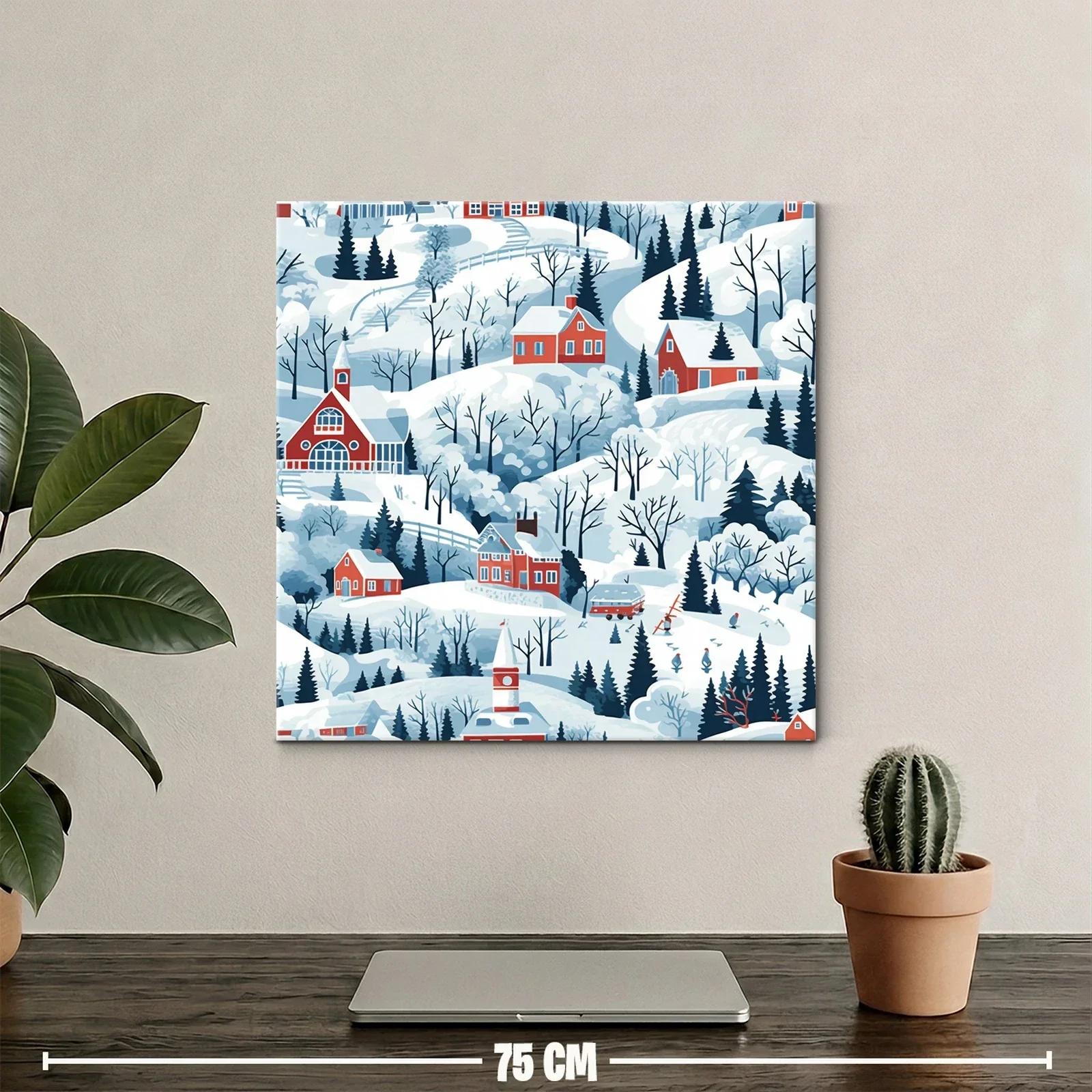 Paisaje invernal con casas rojas en colinas nevadas — miniatura 2