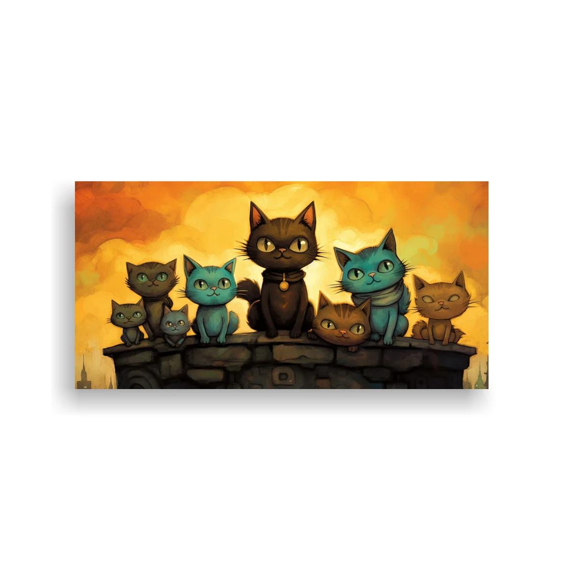 Cuadro grupo de gatos sobre tejado con luna dorada
