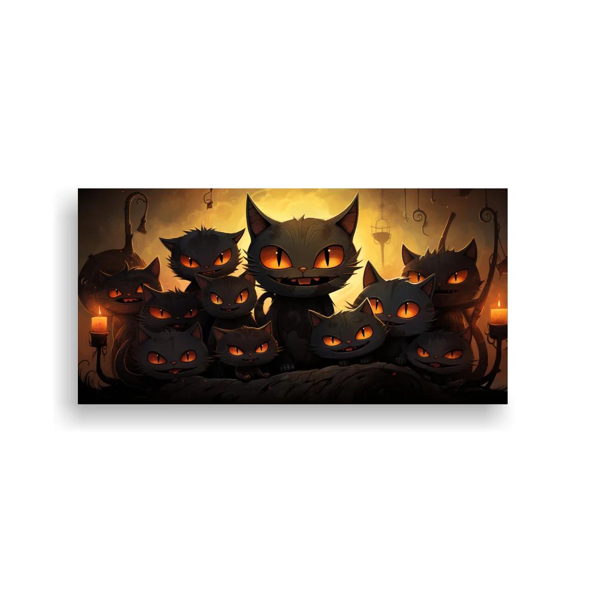 Cuadro grupo de gatos negros con velas encendidas