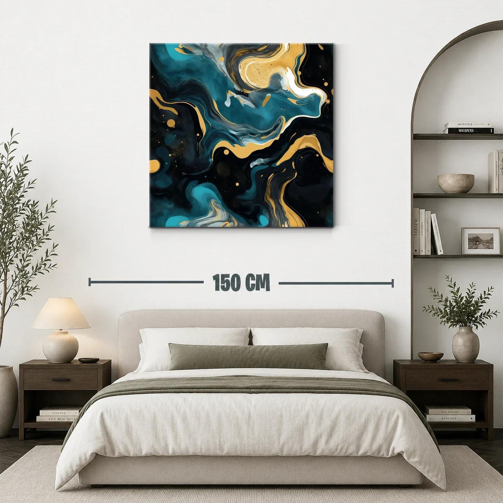 Cuadro abstracto con patrones fluidos y tonos dorados — miniatura 3