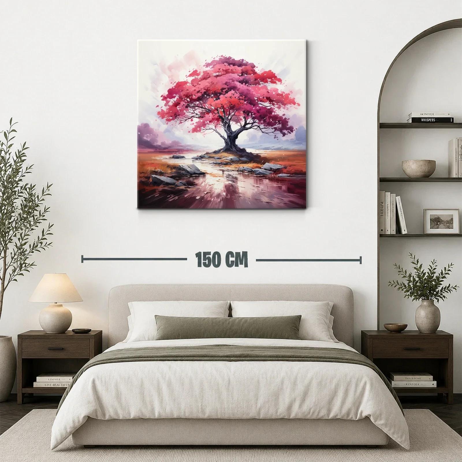 Árbol en tonos rosas y rojos sobre paisaje sereno — miniatura 3