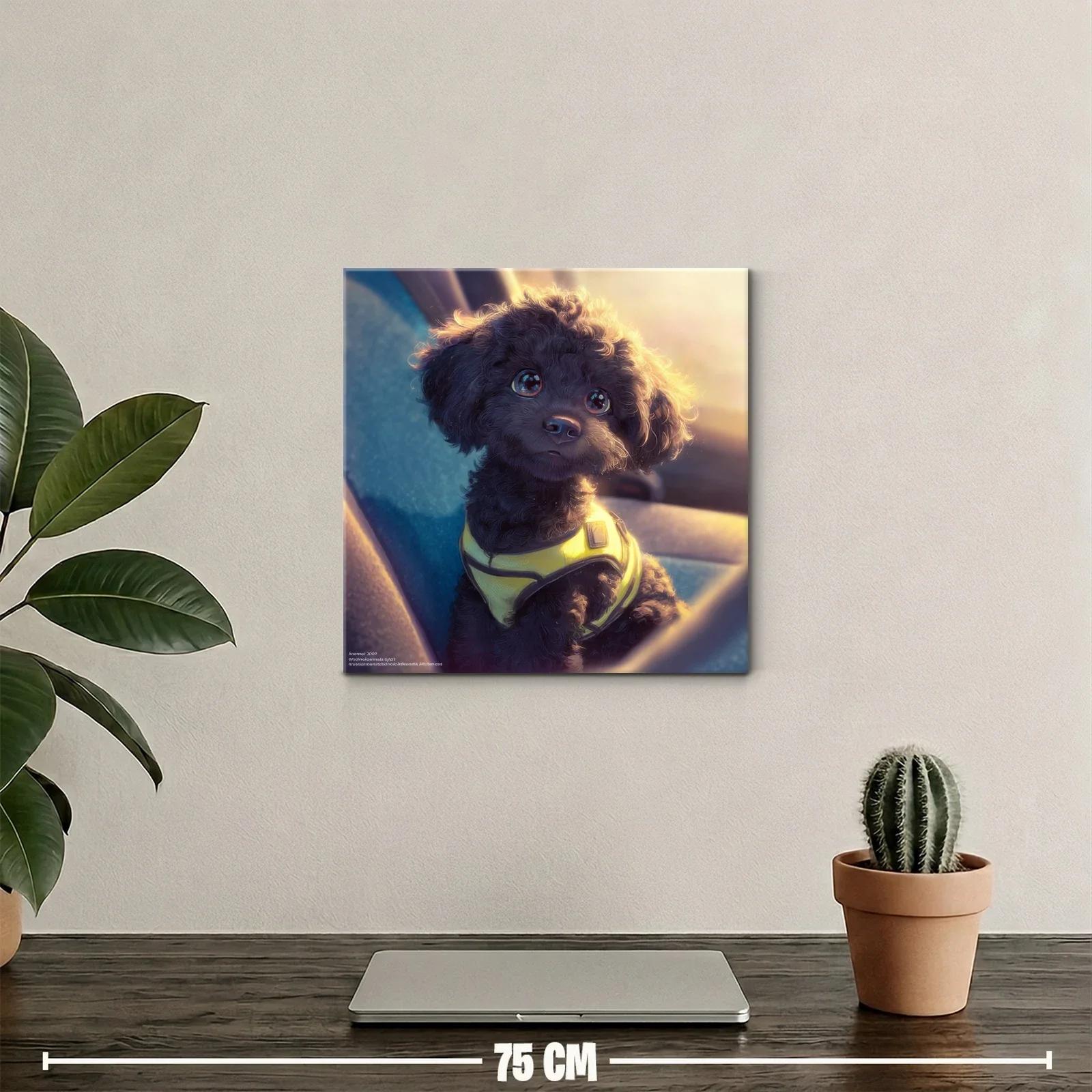Tierno perro negro con arnés amarillo al atardecer — miniatura 2