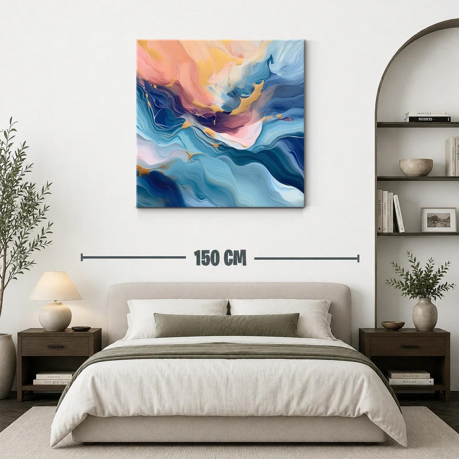 Cuadro abstracto en tonos azules y dorados con toques rosados — miniatura 3