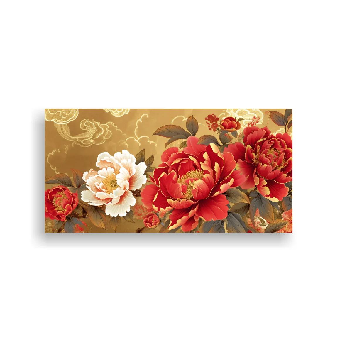 Cuadro peonías rojas con volutas decorativas