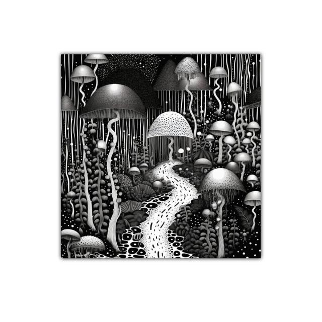Bosque Onírico de Hongos en Blanco y Negro
