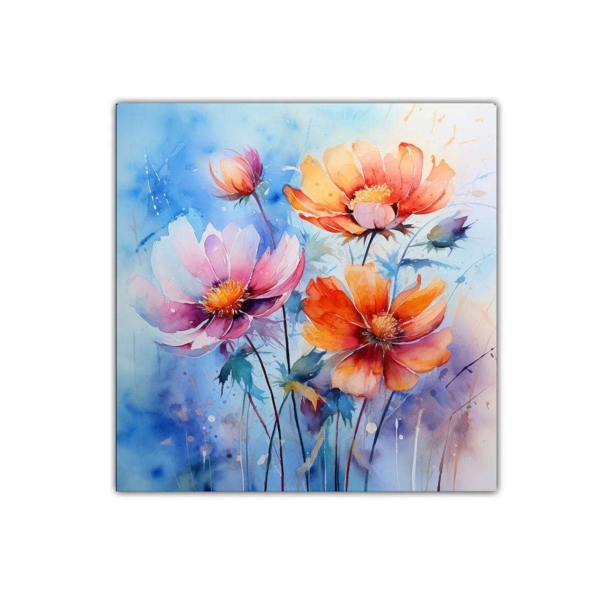 Vibrantes flores silvestres con tonos cálidos y fondo azul