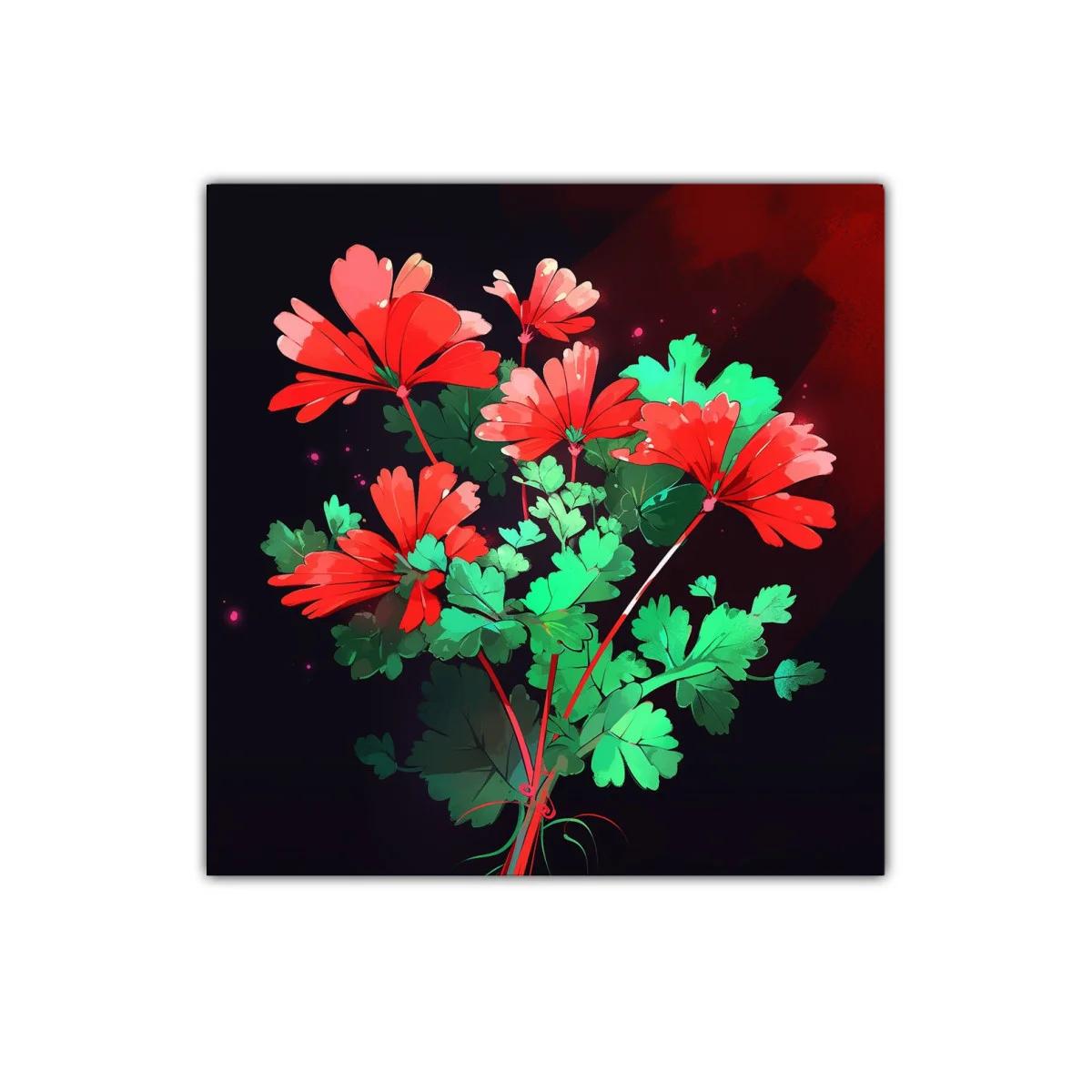 Cuadro decorativo con flores rojas vibrantes y hojas verdes