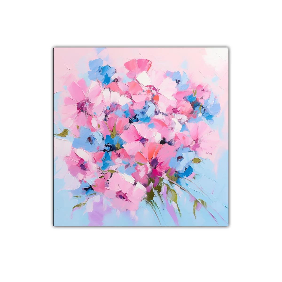 Cuadro floral en tonos rosas y azules vibrantes