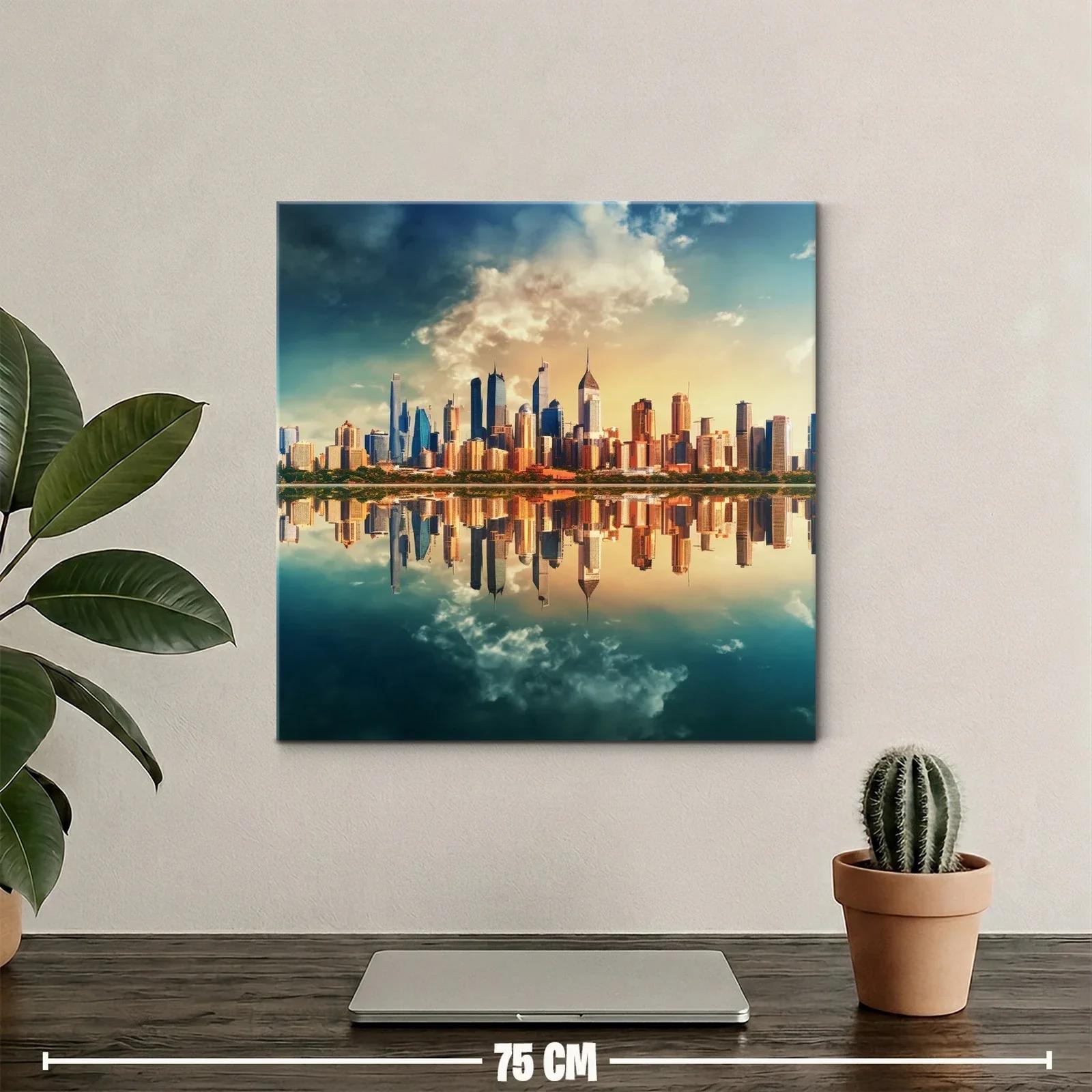 Horizonte urbano reflejado en laguna al atardecer — miniatura 2