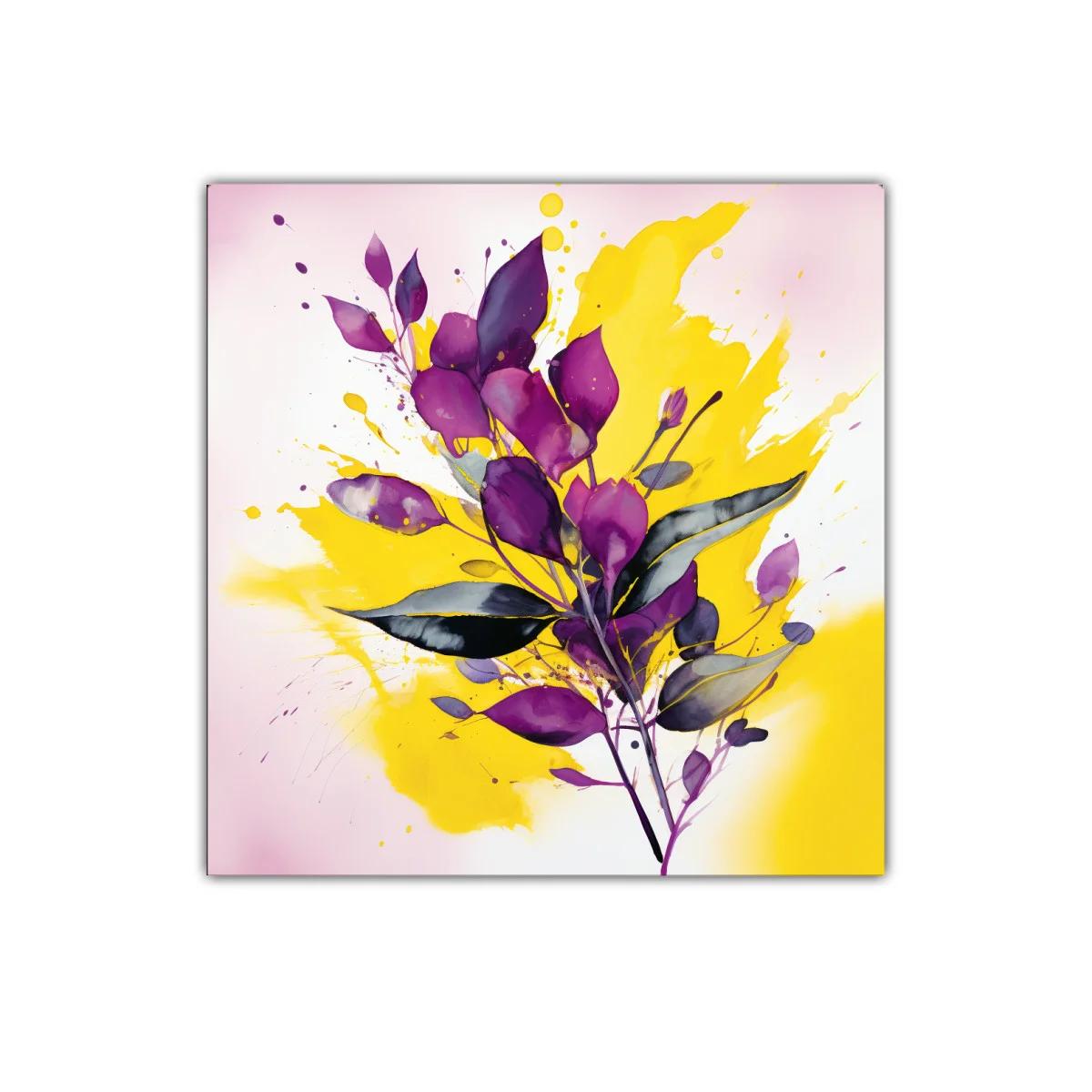 Cuadro moderno con hojas moradas y fondo amarillo vibrante — imagen principal