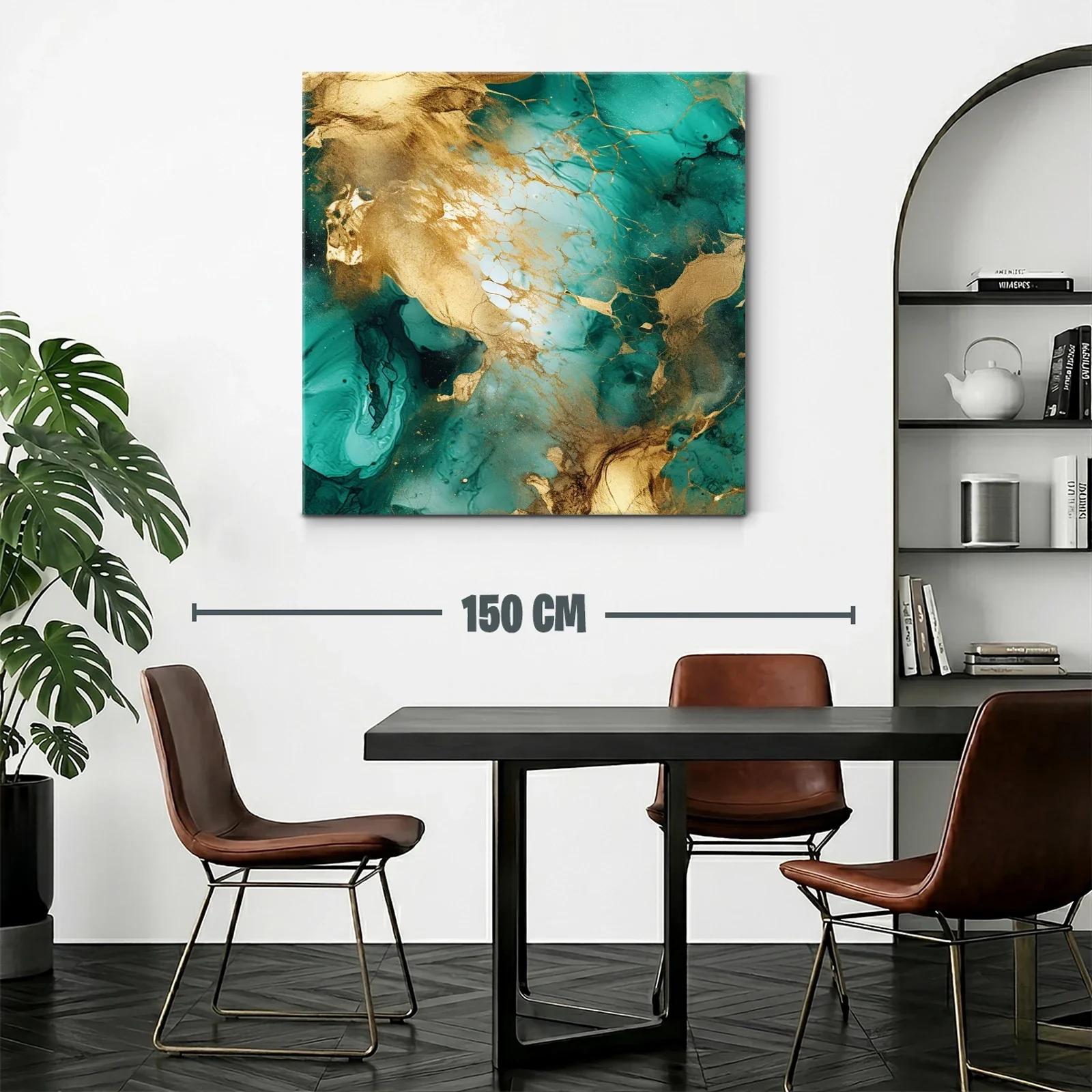 Cuadro abstracto con tonos dorados y verdes vibrantes — miniatura 2