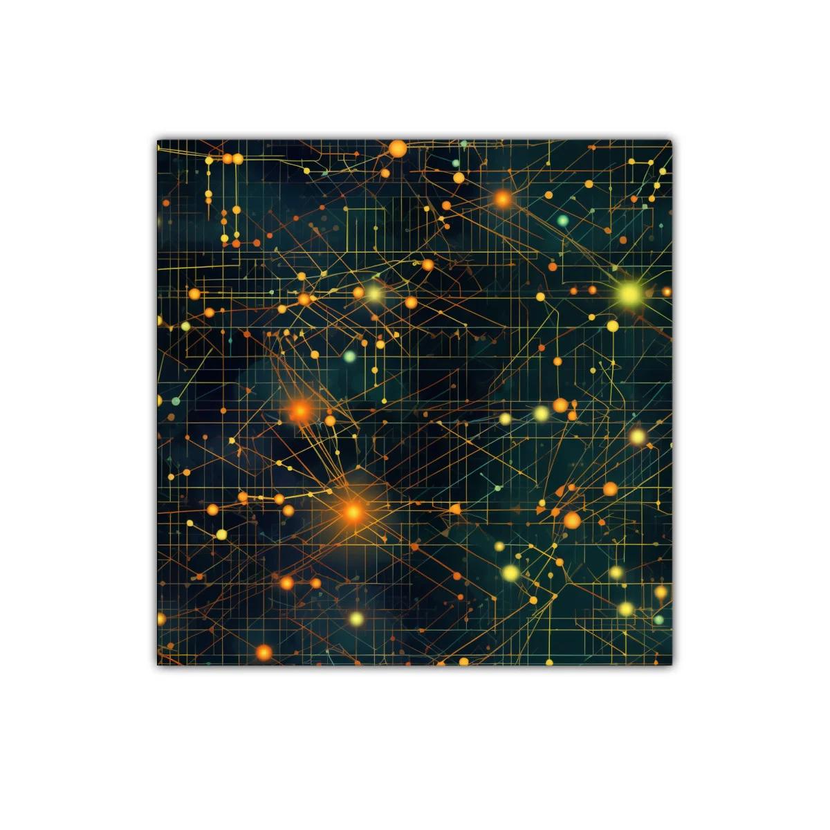 Cuadro abstracto con conexiones luminosas y trazos geométricos