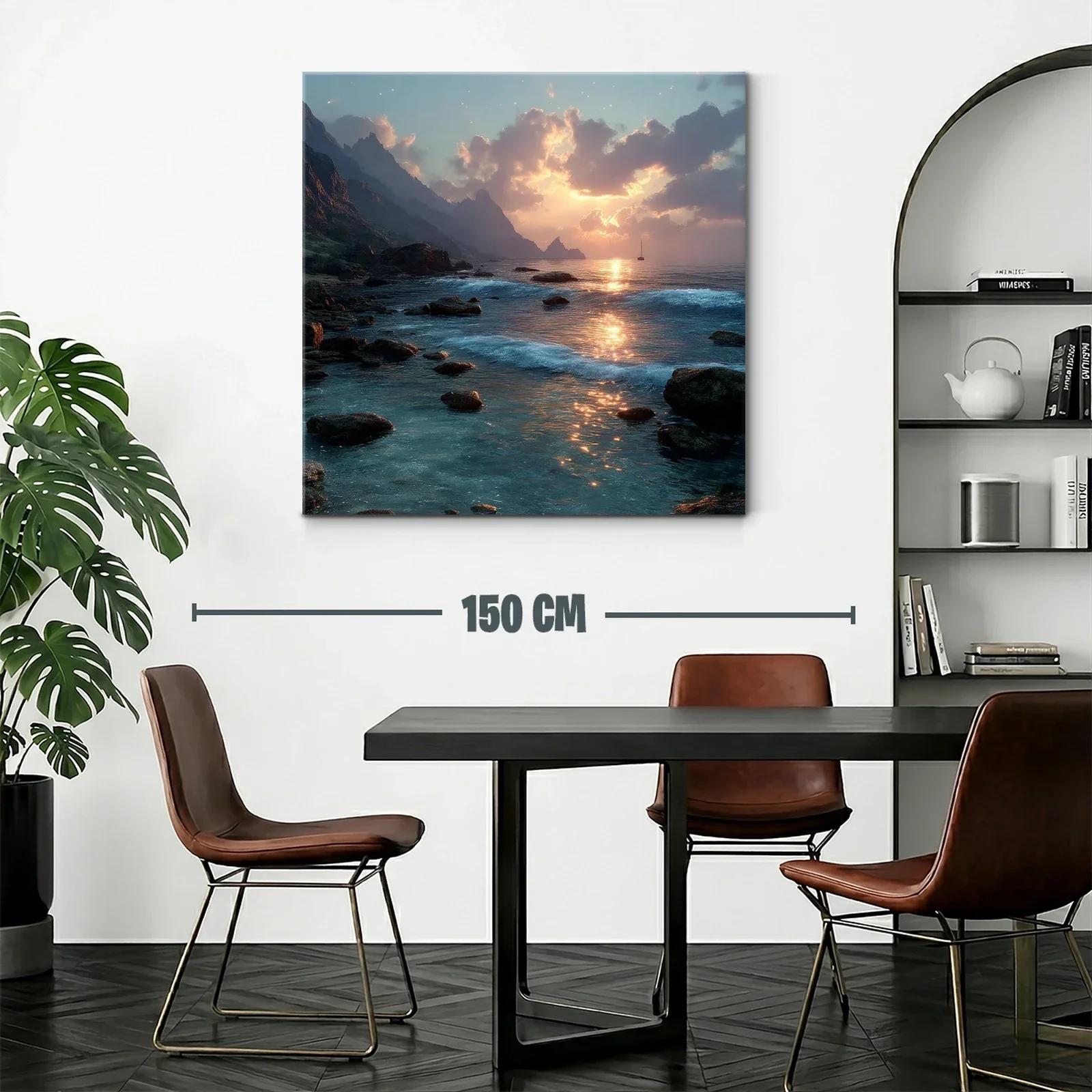 Paisaje costero con atardecer entre montañas rocosas — miniatura 2