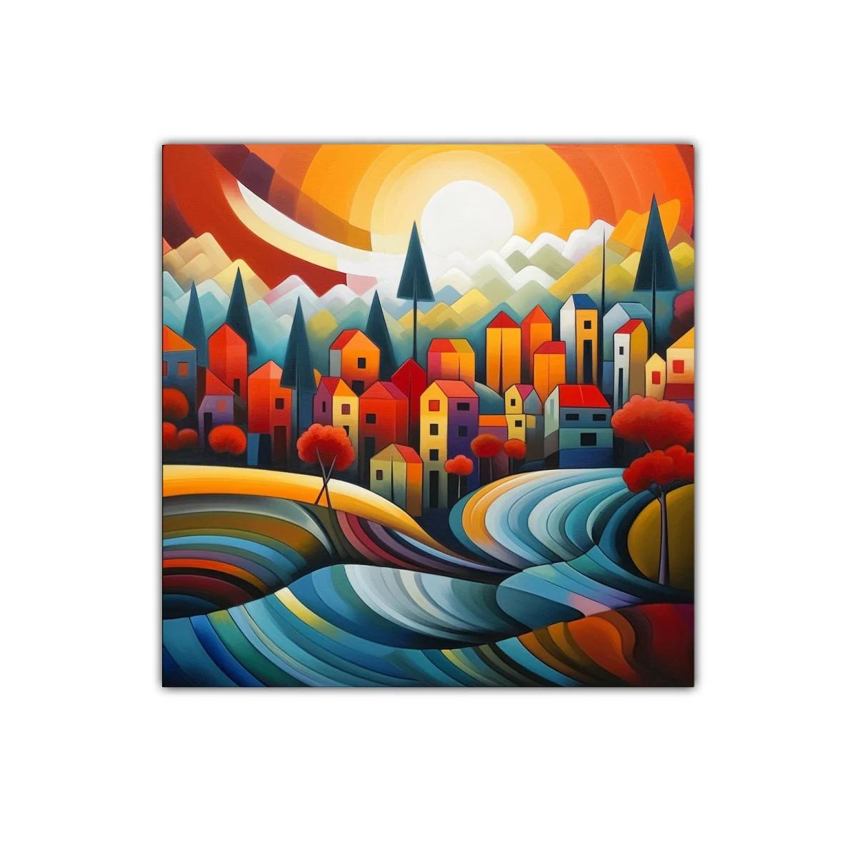 Paisaje urbano con tonos vibrantes y diseño geométrico