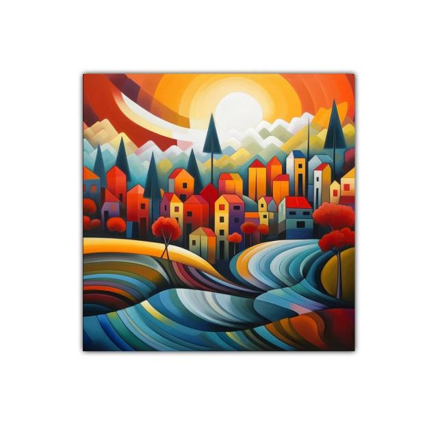 Paisaje urbano con tonos vibrantes y diseño geométrico