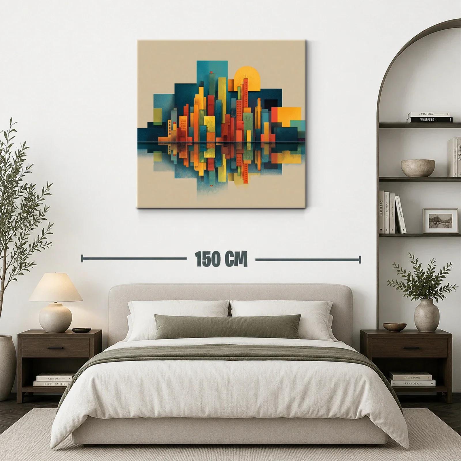 Cuadro de ciudad geométrica con reflejo al atardecer — miniatura 3