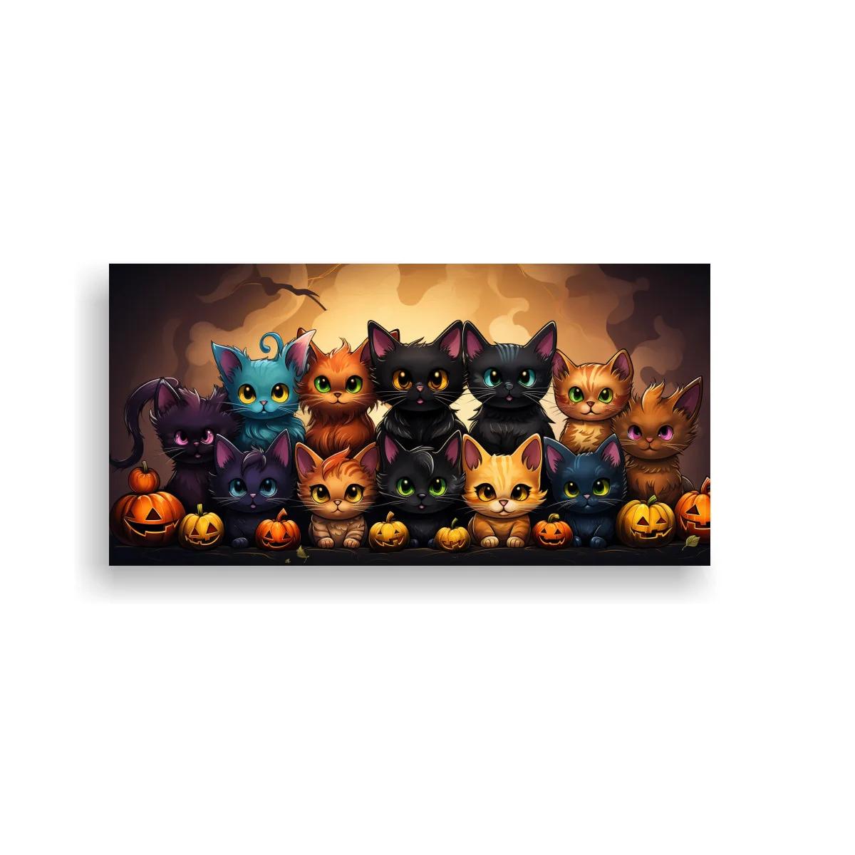 Cuadro grupo de gatos con calabazas de Halloween y luna grande