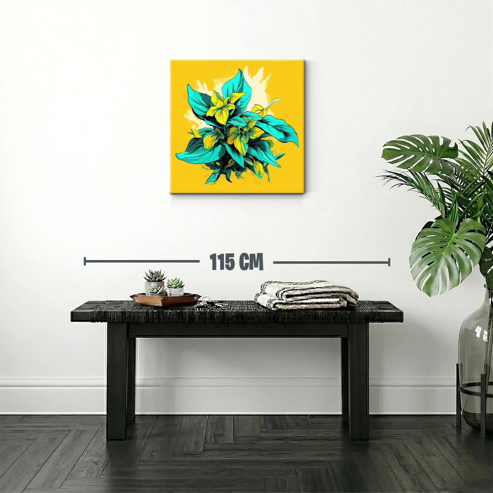 Composición Vibrante con Flores y Hojas en Amarillo y Turquesa — miniatura 2