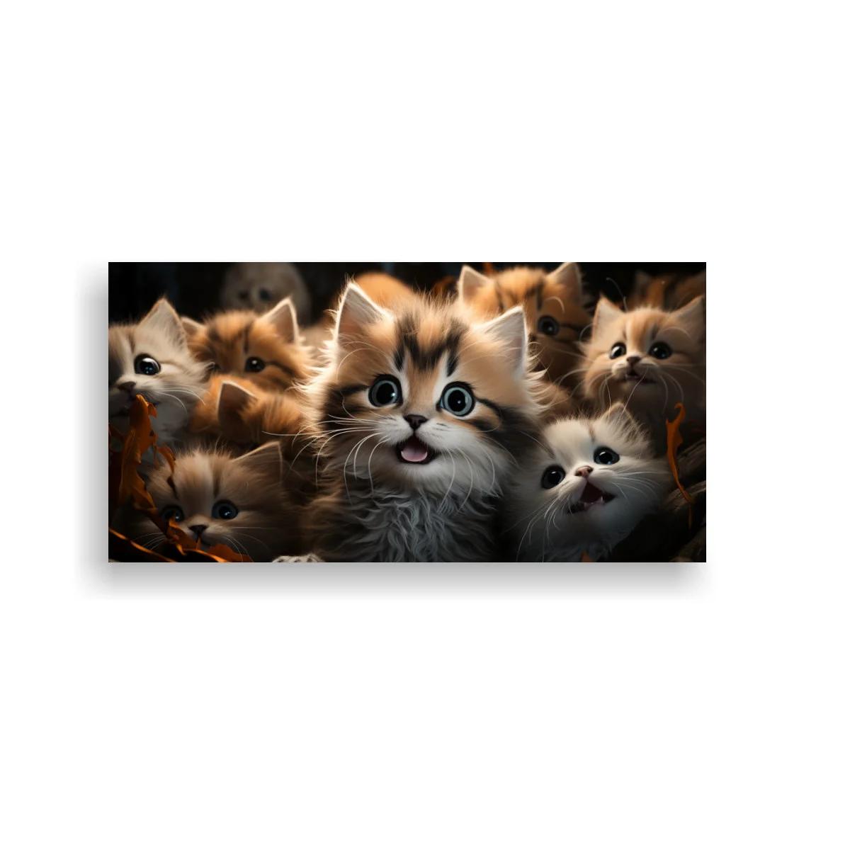 Cuadro de gatitos de pelo largo en cesta de mimbre
