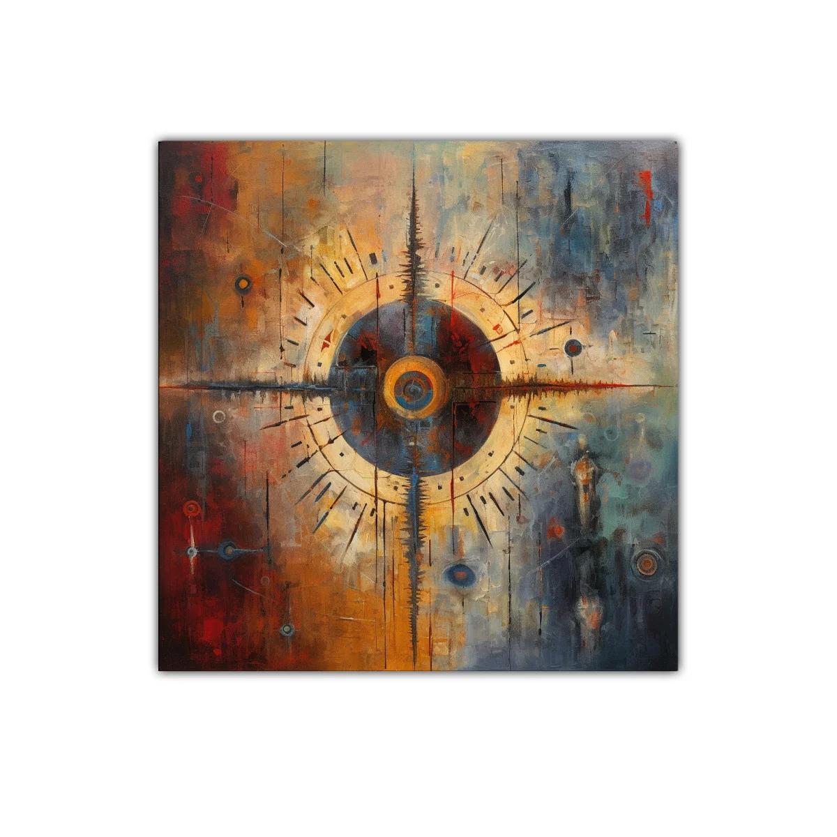 Cuadro abstracto con diseño circular en tonos cálidos y fríos