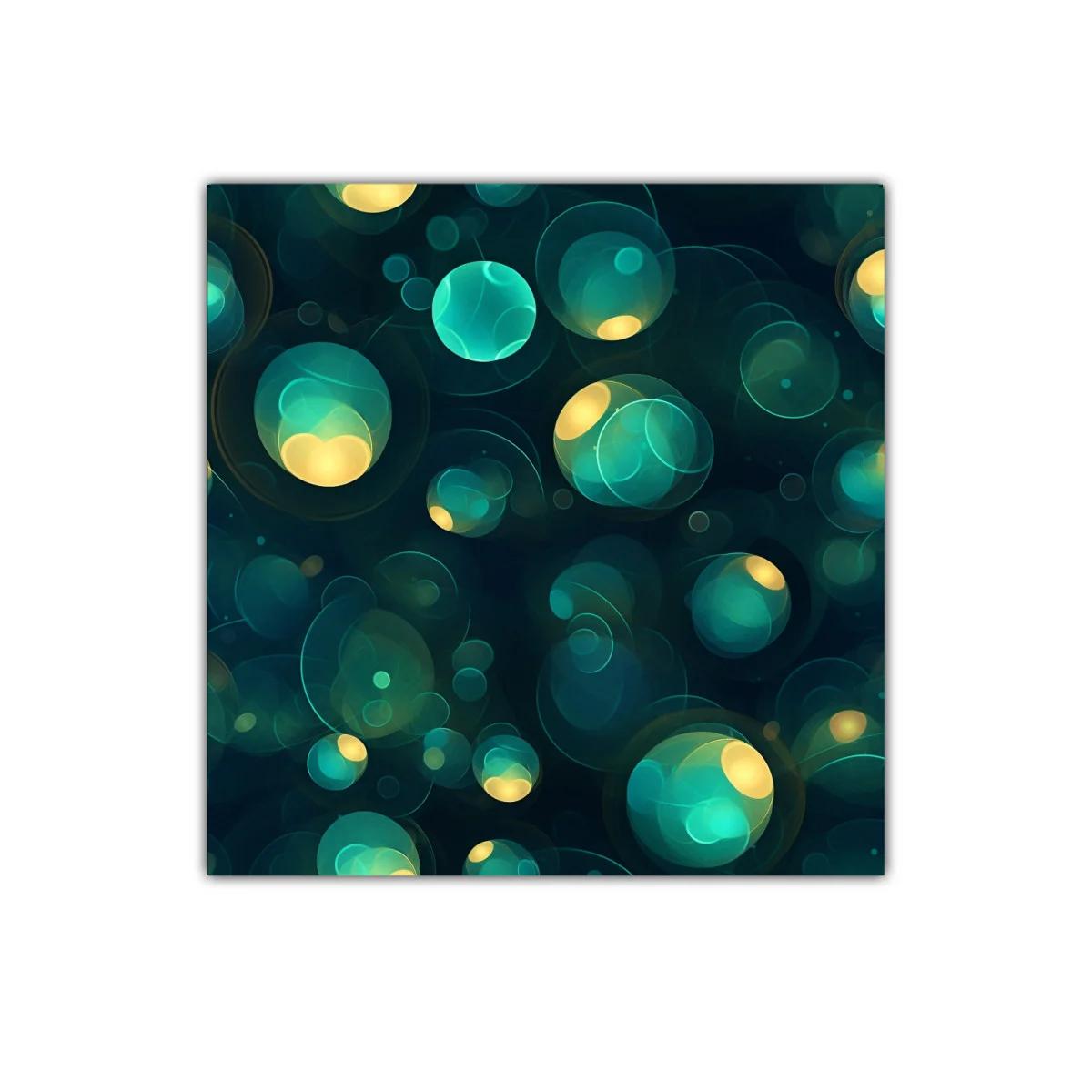 Cuadro abstracto con esferas luminosas en tonos azul y amarillo