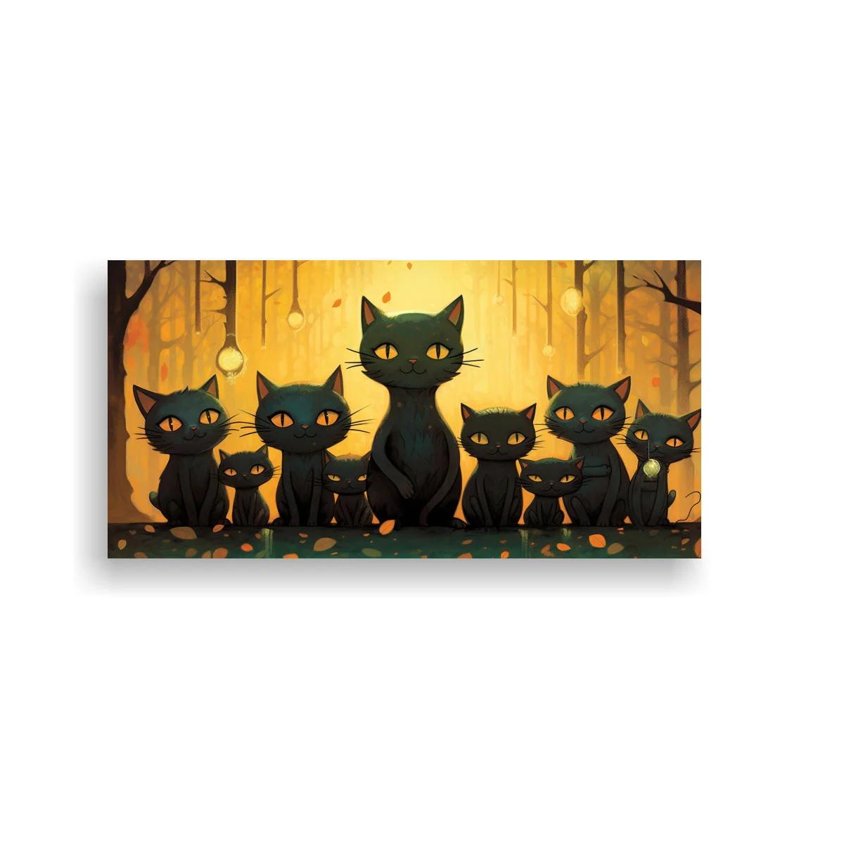 Cuadro grupo de gatos negros con bosque otoñal