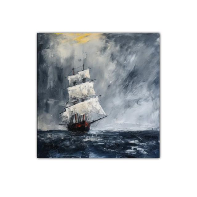 Barco velero navegando en mar tormentoso al atardecer