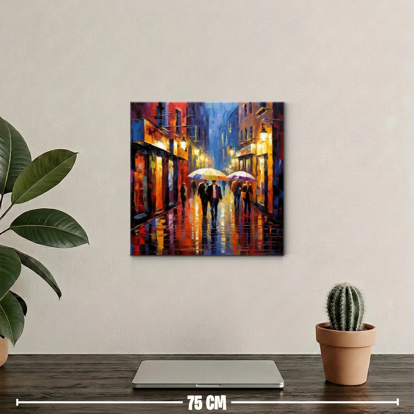 Calle lluviosa con paraguas en tonos cálidos y vibrantes — miniatura 2