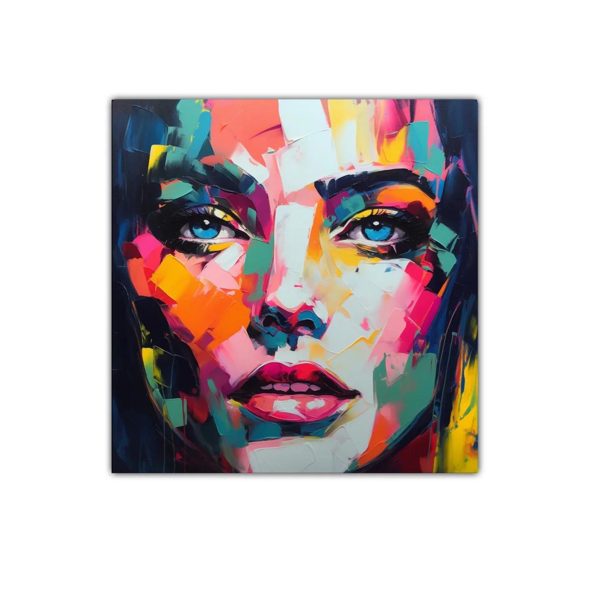 Retrato vibrante con ojos azules intensos y colores vivos — imagen principal