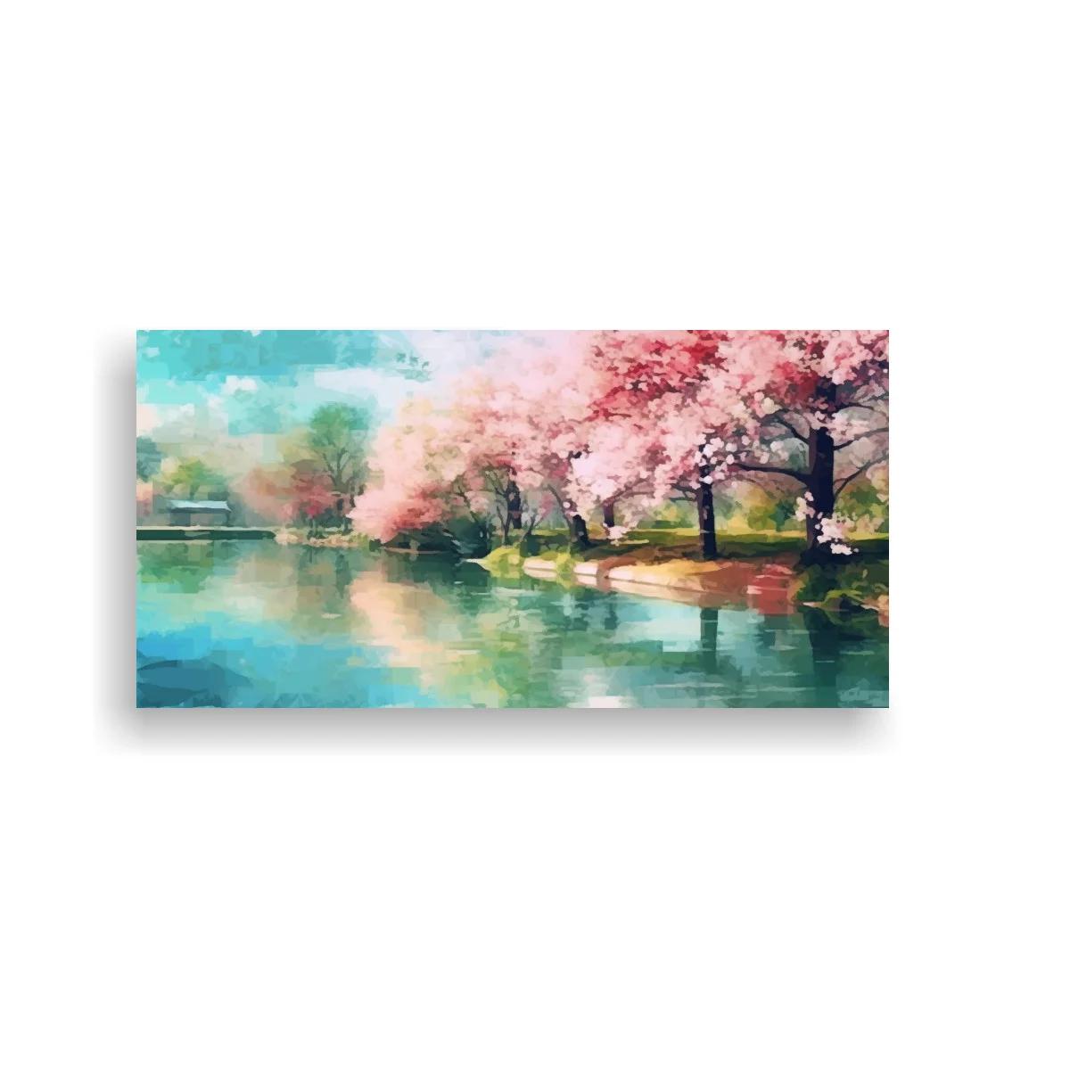 Cuadro árboles de cerezo en flor junto a un lago