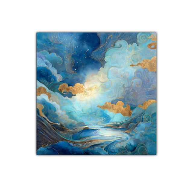 Paisaje onírico en tonos azules y dorados luminosos