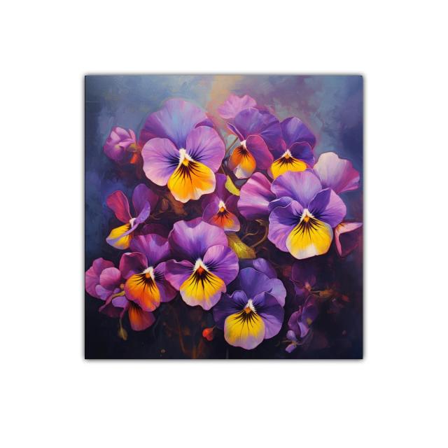 Cuadro decorativo con vibrantes flores pansé en tonos púrpura y amarillo