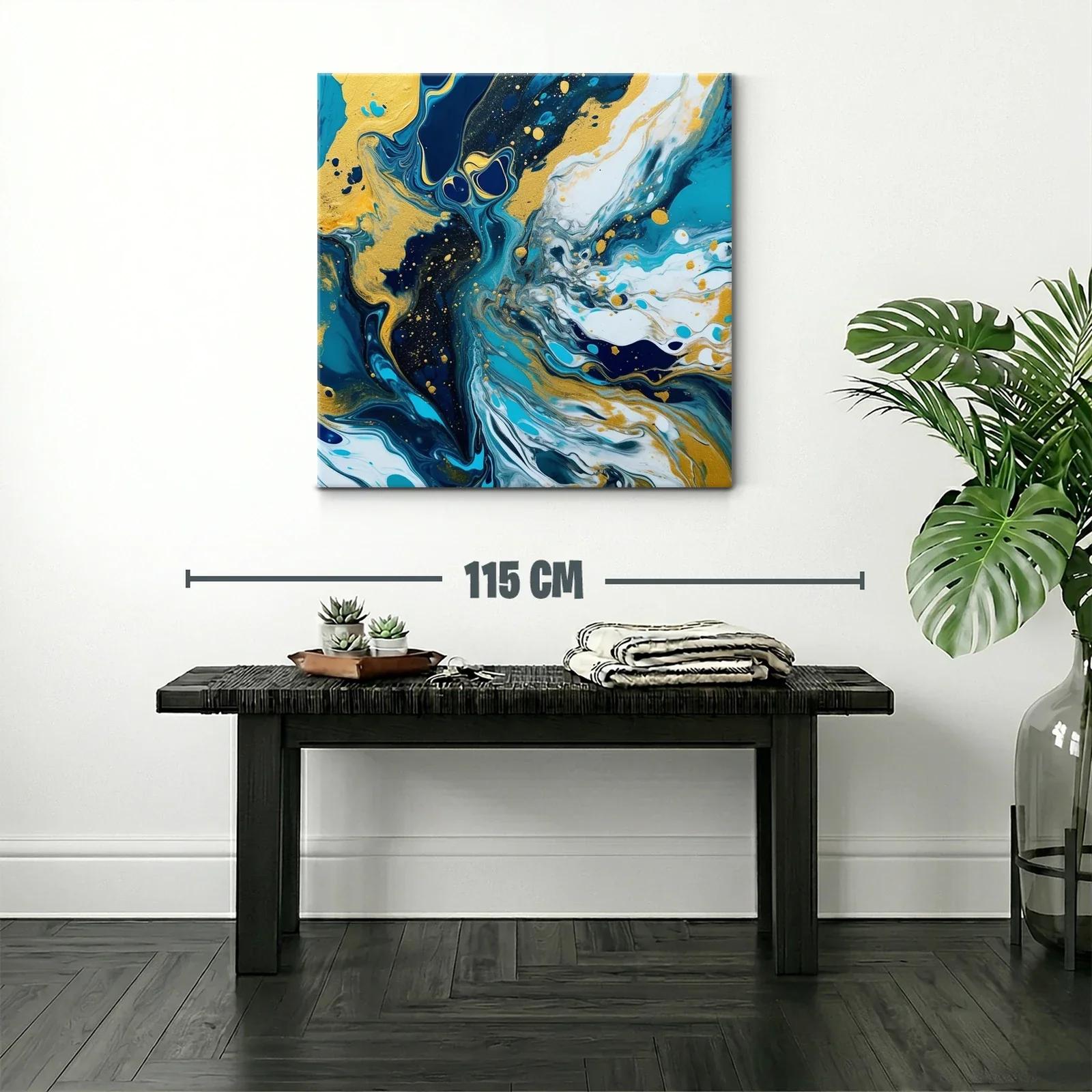 Cuadro abstracto con tonos dorados y azul profundo — miniatura 2